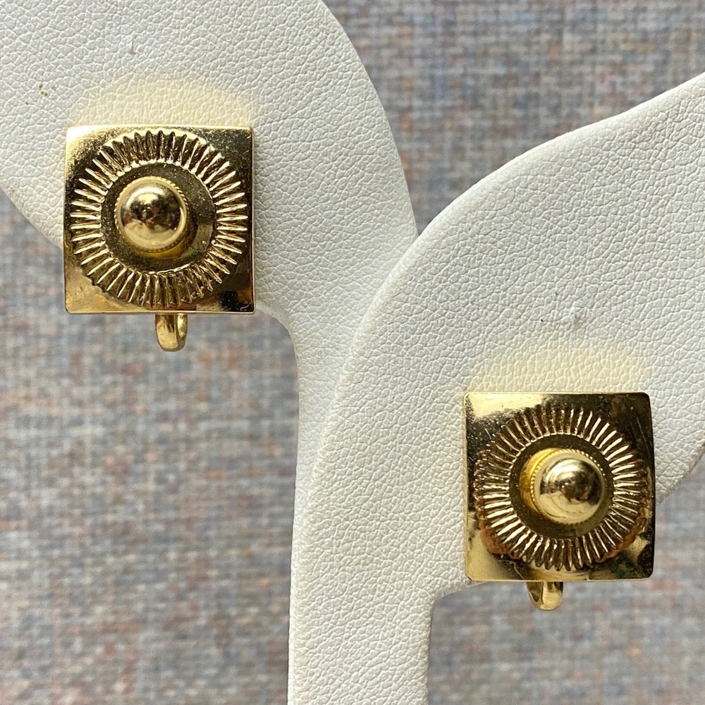 Vintage Gold Plated Square Ball Screw Back Clip On Earrings Sunburst Design
